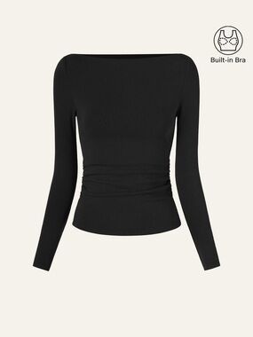 NWT OGL Women's Long Sleeve Boatneck Side Ruched Bra Top Classic Black Size M